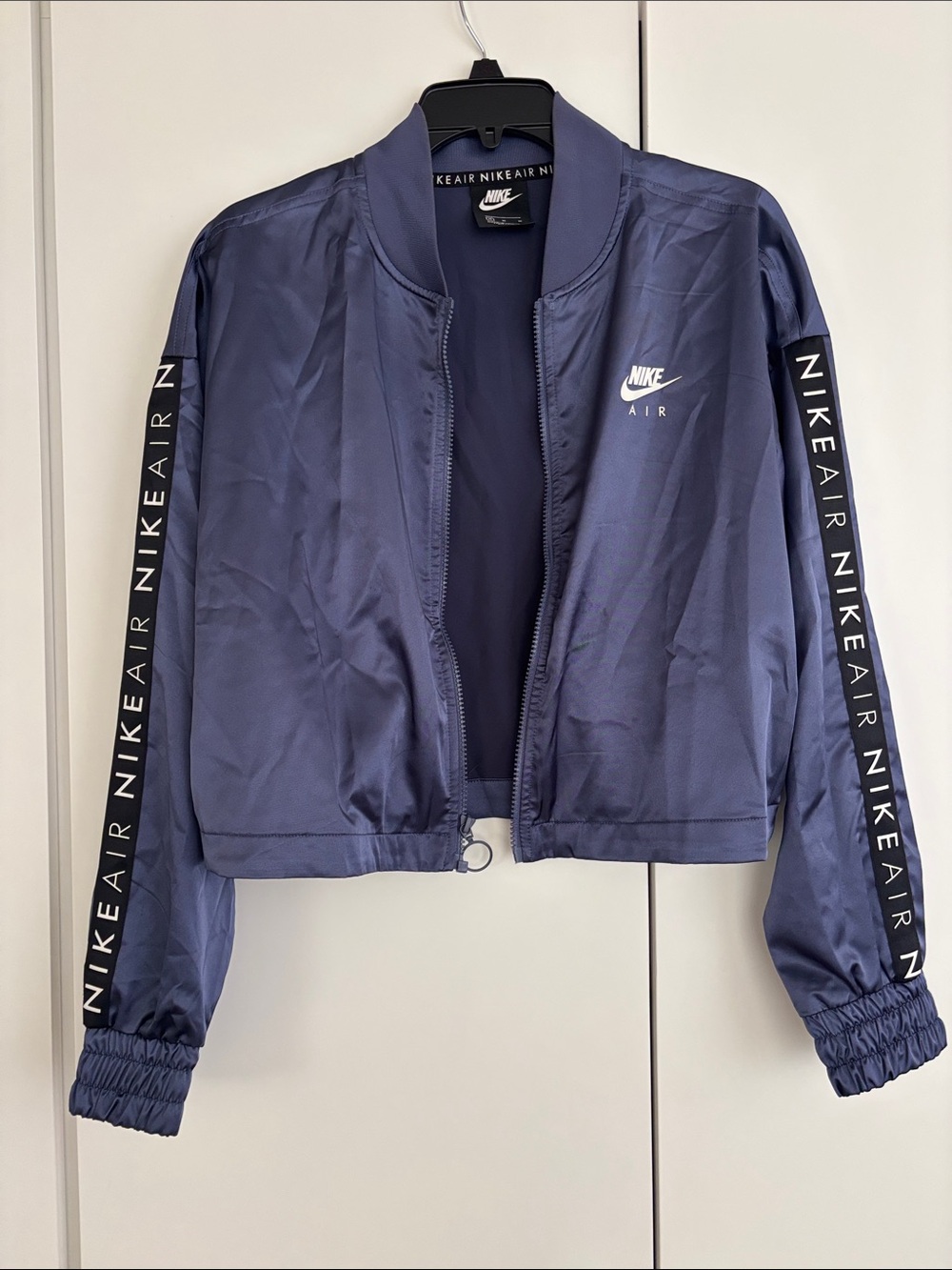 Nike Women's Navy Blue Logo-Trim Bomber Jacket